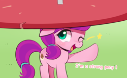 Size: 1500x921 | Tagged: safe, artist:maren, imported from derpibooru, lily longsocks, earth pony, pony, adorasocks, balancing, blushing, captain obvious, cute, dialogue, earth pony magic, earth pony strength, female, filly, floppy ears, hnnng, lilydorable, looking at you, looking up, magic, one eye closed, open mouth, raised hoof, smiling, solo, stars, strong, super strength, sweet dreams fuel, truth, wink