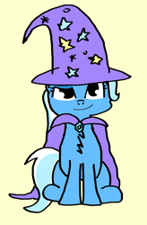 Size: 909x1389 | Tagged: safe, artist:artiks, derpibooru exclusive, imported from derpibooru, trixie, pony, unicorn, cape, clothes, female, hat, mare, simple background, sitting, solo, trixie's cape, trixie's hat, yellow background