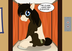 Size: 3300x2308 | Tagged: safe, artist:badumsquish, derpibooru exclusive, imported from derpibooru, oc, oc only, oc:the clunk, earth pony, gypsy vanner, horse, pony, amazon, big, cute, dialogue, elevator, female, giant pony, looking at you, macro, messy mane, parody, ponified, sign, sitting, smiling, solo, talking to viewer, tape, two toned coat, two-tone coat, unshorn fetlocks