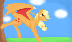 Size: 2361x1394 | Tagged: safe, artist:daedric-dragon, imported from derpibooru, applejack, dracony, dragon, hybrid, bucking, dragonified, dragonjack, female, kicking, solo, species swap