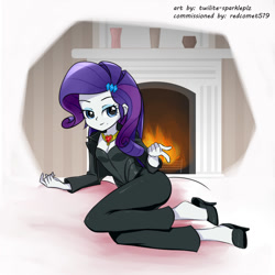 Size: 1000x1000 | Tagged: safe, artist:twilite-sparkleplz, imported from derpibooru, rarity, equestria girls, clothes, commission, female, fire ruby, fireplace, gradient background, high heels, shoes, solo, suit