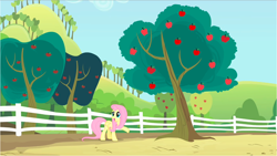 Size: 1282x722 | Tagged: safe, imported from derpibooru, screencap, fluttershy, pegasus, pony, bats!, apple orchard, apple tree, female, fence, mare, raised hoof, solo, tree