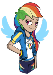 Size: 1400x1950 | Tagged: safe, artist:rodan00, imported from derpibooru, rainbow dash, human, equestria girls, equestria girls series, clothes, ear piercing, female, geode of super speed, hand in pocket, hands in pockets, hoodie, human coloration, humanized, magical geodes, piercing, raised eyebrow, simple background, solo, transparent background, wings