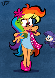 Size: 1447x2046 | Tagged: safe, artist:joeywaggoner, imported from derpibooru, rainbow dash, rarity, human, and then there's rarity, annoyed, blushing, clothes, cute, dashabetes, dress, high heels, humanized, rainbow dash always dresses in style, scarf, shoes, skirt, tomboy taming