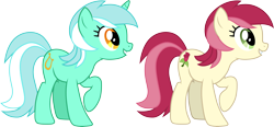 Size: 6441x3000 | Tagged: safe, artist:cloudy glow, artist:cloudyglow, artist:parclytaxel, imported from derpibooru, lyra heartstrings, roseluck, earth pony, pony, unicorn, the super speedy cider squeezy 6000, .ai available, absurd resolution, female, mare, raised hoof, recolor, show accurate, simple background, smiling, transparent background, vector
