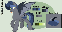 Size: 1868x964 | Tagged: safe, artist:ipandacakes, imported from derpibooru, oc, oc only, oc:cloud shade, bat pony, pony, male, reference sheet, solo, stallion, tongue out