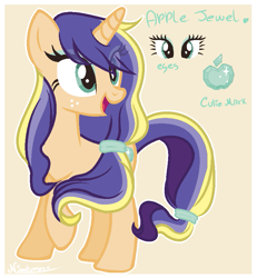 Size: 783x847 | Tagged: safe, artist:nini-the-angel-kitty, imported from derpibooru, oc, oc only, pony, unicorn, female, magical lesbian spawn, mare, offspring, parent:applejack, parent:rarity, parents:rarijack, reference sheet, solo