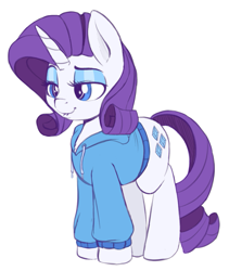 Size: 853x1011 | Tagged: safe, artist:spectre-z, imported from derpibooru, rarity, pony, unicorn, chest fluff, clothes, colored sketch, cute, drawpile, eyeshadow, female, hoodie, lidded eyes, lip bite, mare, raised eyebrow, raribetes, simple background, sketch, solo, white background