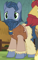 Size: 400x630 | Tagged: safe, imported from derpibooru, screencap, hayrick the blue, sigurd firebeard, earth pony, pony, campfire tales, background pony, beard, braided beard, clothes, cropped, facial hair, male, moustache, solo focus, stallion, unnamed pony