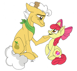 Size: 1100x1024 | Tagged: safe, artist:celestial-rainstorm, edit, imported from derpibooru, apple bloom, grand pear, cropped, grandfather and grandchild, heartwarming