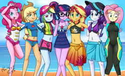 Size: 3300x2000 | Tagged: safe, artist:horsecat, imported from derpibooru, applejack, fluttershy, pinkie pie, rainbow dash, rarity, sci-twi, sunset shimmer, twilight sparkle, equestria girls, equestria girls series, forgotten friendship, armpits, beach, belly button, bikini, breasts, clothes, diving suit, female, fluttershy's wetsuit, group shot, humane five, humane seven, humane six, midriff, pinkie pie swimsuit, rarity's blue sarong, rarity's purple bikini, sci-twi swimsuit, swimsuit, tankini, wetsuit