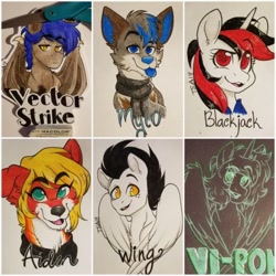 Size: 540x540 | Tagged: safe, artist:twisted-sketch, imported from derpibooru, oc, oc only, oc:aiden, oc:blackjack, oc:mylo, oc:vectorstrike, oc:vipony, oc:wing, fallout equestria, badgecommissions, furry, tongue out, traditional art