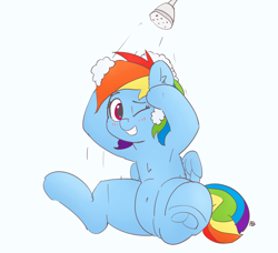 Size: 1280x1167 | Tagged: safe, artist:pabbley, color edit, edit, imported from derpibooru, rainbow dash, pegasus, pony, 30 minute art challenge, armpits, belly button, colored, cute, dashabetes, female, mare, one eye closed, shower, simple background, sitting, solo, underhoof, washing