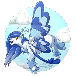 Size: 350x350 | Tagged: safe, artist:sketchthebluepegasus, imported from derpibooru, oc, oc only, oc:sorsaten, grottoling, original species, cloud, darter, female, pixel art, solo