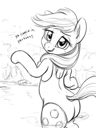 Size: 652x868 | Tagged: safe, artist:verulence, derpibooru exclusive, imported from derpibooru, applejack, earth pony, pony, bipedal, butt, clothes, dialogue, female, monochrome, offscreen character, one-piece swimsuit, plot, sketch, solo, swimsuit