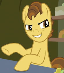 Size: 600x680 | Tagged: safe, imported from derpibooru, screencap, grand pear, earth pony, pony, the perfect pear, cropped, food, male, pear, smiling, smirk, solo, stallion, young grand pear, younger