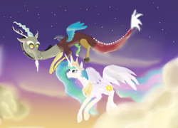 Size: 2553x1841 | Tagged: safe, artist:mr100dragon100, imported from derpibooru, discord, princess celestia, cloud, dislestia, female, flying, looking at each other, male, shipping, straight, sunset