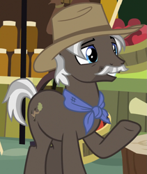 Size: 845x1000 | Tagged: safe, imported from derpibooru, screencap, burnt oak, earth pony, pony, the perfect pear, bandana, cropped, facial hair, hat, moustache, solo