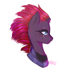 Size: 345x362 | Tagged: safe, artist:uomiii, imported from derpibooru, tempest shadow, pony, unicorn, my little pony: the movie, armor, broken horn, bust, digital art, eye scar, female, looking at something, mare, scar, signature, simple background, solo, transparent background