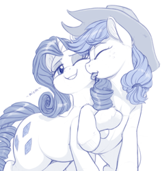 Size: 796x840 | Tagged: source needed, safe, artist:verulence, imported from derpibooru, applejack, rarity, face licking, female, lesbian, licking, mlem, monochrome, rarijack, shipping, silly, tongue out