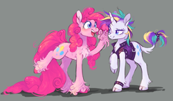 Size: 2844x1671 | Tagged: safe, artist:xenon, imported from derpibooru, pinkie pie, rarity, classical unicorn, earth pony, pony, unicorn, it isn't the mane thing about you, alternate hairstyle, bracelet, chest fluff, clothes, cloven hooves, colored hooves, duo, eyelashes, female, gray background, horn, jacket, jewelry, leonine tail, long tail, mare, poofy pie, punk, raripunk, simple background, spiked wristband, studded bracelet, unshorn fetlocks, wristband