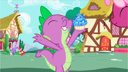 Size: 1282x721 | Tagged: safe, imported from derpibooru, screencap, apple bumpkin, cheerilee, rainbowshine, spike, tornado bolt, dragon, earth pony, pegasus, pony, secret of my excess, apple family member, baby, baby dragon, background pony, celebrating, cheeribetes, clothes, cupcake, cute, eyes closed, female, filly, food, gem, hurricane storm, mare, offscreen character, ponyville, rainbowdorable, raised arms, sapphire, sapphire cupcake, scarf, sitting, smiling, trio, twisty doo