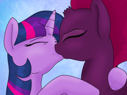 Size: 2048x1536 | Tagged: safe, artist:aanotherpony, artist:m-al, imported from derpibooru, fizzlepop berrytwist, tempest shadow, twilight sparkle, pony, unicorn, my little pony: the movie, broken horn, duo, eyes closed, female, kiss on the lips, kissing, lesbian, mare, shipping, tempestlight