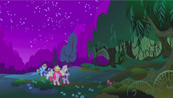 Size: 1279x721 | Tagged: safe, imported from derpibooru, screencap, applejack, fluttershy, pinkie pie, rainbow dash, rarity, twilight sparkle, earth pony, pegasus, pony, unicorn, friendship is magic, everfree forest, female, forest, mane six, night, scared, stars, unicorn twilight