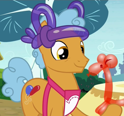 Size: 1145x1078 | Tagged: safe, imported from derpibooru, screencap, twisty pop, forever filly, apron, balloon, balloon animal, balloon hat, clothes, cropped, hoof hold, male, smiling, solo, stallion