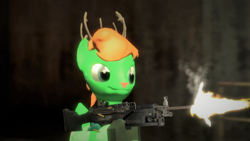 Size: 1366x768 | Tagged: safe, artist:whirlhorse, imported from derpibooru, oc, oc only, oc:windy whirls, deer, original species, peryton, 3d, bullet, bullet casing, bullet shells, clothes, gun, machine gun, muzzle flash, red nose, scarf, smoke, solo, weapon