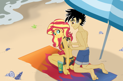 Size: 2048x1348 | Tagged: safe, artist:verumteednp, deleted from derpibooru, imported from derpibooru, sunset shimmer, oc, oc:tony marshall, equestria girls, equestria girls series, forgotten friendship, barefoot, beach, beach towel, bikini, clothes, feet, male, midriff, ocean, sand, shorts, summer sunset, sunscreen, sunshall, swimsuit, umbrella