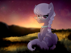 Size: 1600x1200 | Tagged: safe, artist:kebchach, imported from derpibooru, silver spoon, earth pony, pony, female, filly, glasses, jewelry, looking at you, necklace, sitting, smiling, solo, sunset