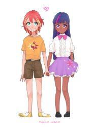 Size: 768x1048 | Tagged: safe, artist:extraluna, imported from derpibooru, sunset shimmer, twilight sparkle, human, equestria girls, alternate clothes, alternate costumes, blushing, child, clothes, cute, dark skin, duo, female, holding hands, humanized, lesbian, shimmerbetes, shipping, shorts, simple background, skirt, sunsetsparkle, twiabetes, white background, younger