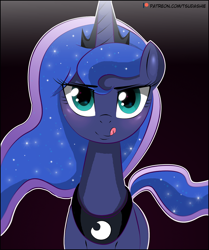 Size: 1000x1198 | Tagged: safe, artist:tsudashie, imported from derpibooru, princess luna, alicorn, pony, black background, blushing, eyelashes, female, jewelry, licking, licking lips, lidded eyes, looking at you, mare, patreon, patreon logo, simple background, solo, tiara, tongue out