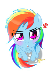 Size: 450x643 | Tagged: safe, artist:tsudashie, imported from derpibooru, rainbow dash, pegasus, pony, bedroom eyes, behaving like a bird, blushing, chest fluff, cross-popping veins, cute, dashabetes, eye clipping through hair, female, lemme smash, looking at you, looking up, looking up at you, mare, open mouth, simple background, solo, stomping, white background