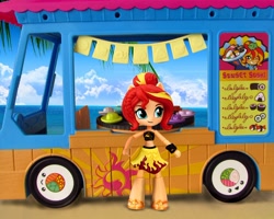 Size: 1024x819 | Tagged: safe, artist:whatthehell!?, edit, imported from derpibooru, sunset shimmer, equestria girls, beach, bracelet, clothes, doll, equestria girls minis, food, irl, japanese, jewelry, menu, midriff, photo, sandals, sky, sunset sushi, sushi, swimsuit, toy, truck