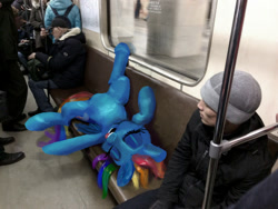 Size: 960x720 | Tagged: safe, artist:xbi, imported from derpibooru, rainbow dash, human, pegasus, pony, belly fluff, cheek fluff, ear fluff, eyes closed, female, fluffy, irl, jerk, leg fluff, mare, moscow metro, on back, open mouth, photo, ponies in real life, russia, sitting, sleeping, spread legs, spreading, tongue out