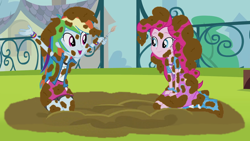 Size: 710x401 | Tagged: safe, artist:thedarkpony, edit, edited screencap, imported from derpibooru, screencap, pinkie pie, rainbow dash, equestria girls, pinkie on the one, rainbow rocks, clothes, compression shorts, female, mud, mud edit, muddy, wet and messy