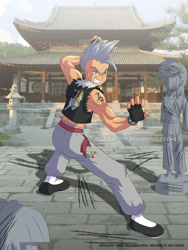 Size: 1125x1500 | Tagged: safe, artist:agu-fungus, imported from derpibooru, part of a set, oc, oc only, oc:coalstone, human, ass, butt, clothes, commission, fingerless gloves, gloves, humanized, humanized oc, kung fu, male, martial arts, midriff, muscles, pants, part of a series, statue, temple