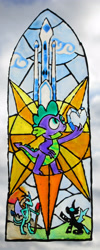 Size: 2056x5152 | Tagged: safe, artist:malte279, imported from derpibooru, princess ember, spike, thorax, changeling, dragon, crystal empire, crystal heart, stained glass, traditional art, window color