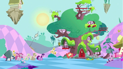 Size: 1282x723 | Tagged: safe, imported from derpibooru, screencap, applejack, fluttershy, pinkie pie, rarity, tom, twilight sparkle, earth pony, pegasus, pony, unicorn, the return of harmony, boulder, chaos, day, discorded landscape, female, floating island, golden oaks library, mane six, ponyville, single file, tree, unicorn twilight