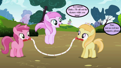 Size: 800x450 | Tagged: safe, edit, edited screencap, imported from derpibooru, screencap, noi, piña colada, ruby pinch, spike, lesson zero, dialogue, image macro, implied dinky, jump rope, meme, mouth hold, noiabetes, pinchybetes, piña cutelada, speech bubble