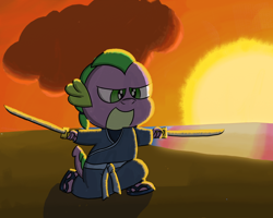 Size: 3000x2400 | Tagged: safe, artist:saburodaimando, imported from derpibooru, spike, dual wield, katana, ronin, samurai, sunset, sword, weapon