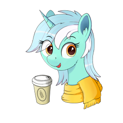 Size: 2048x2048 | Tagged: safe, artist:negasun, imported from derpibooru, lyra heartstrings, pony, unicorn, beverage, bust, clothes, cup, drink, female, mare, portrait, scarf, simple background, smiling, soda can, solo, transparent background