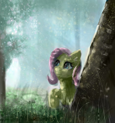 Size: 1009x1080 | Tagged: safe, artist:xbi, imported from derpibooru, fluttershy, pegasus, pony, crepuscular rays, dappled sunlight, female, forest, looking away, looking up, mare, raised hoof, scenery, solo, tree