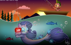 Size: 1900x1200 | Tagged: safe, artist:lennonblack, imported from derpibooru, rarity, spike, fish, seapony (g4), bubble, eyes closed, female, fire ruby, fishing, fishing rod, gem, hug, lake, male, open mouth, rowboat, ruby, seaponified, seapony rarity, shipping, sparity, species swap, straight, tongue out, tree