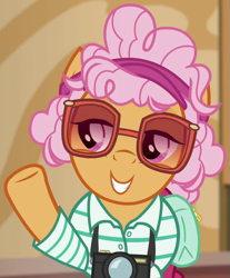 Size: 657x794 | Tagged: safe, imported from derpibooru, screencap, butterscotch sweets, pony, viva las pegasus, camera, chubby, cropped, glasses, headband, plump, solo
