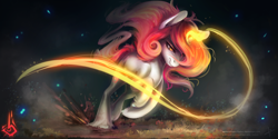 Size: 3464x1732 | Tagged: safe, artist:wilvarin-liadon, imported from derpibooru, oc, oc only, classical unicorn, pony, unicorn, cloven hooves, eyes closed, leonine tail, magic, running, solo, unshorn fetlocks