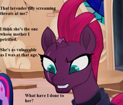 Size: 567x486 | Tagged: safe, edit, edited screencap, imported from derpibooru, screencap, fizzlepop berrytwist, tempest shadow, twilight sparkle, my little pony: the movie, broken horn, cropped, dialogue, fanfic in the description, implied dinky, remorse, youtube source