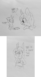 Size: 1449x2702 | Tagged: safe, artist:tjpones, imported from derpibooru, queen chrysalis, changeling, changeling queen, angry, bipedal, comic, cuteling, dialogue, dork, dorkalis, duo, glasses, grayscale, jean-luc picard, lineart, monochrome, nerd, pointing, sitting, spaceship, star trek, star trek: the next generation, star trek: voyager, toy, traditional art, voyager